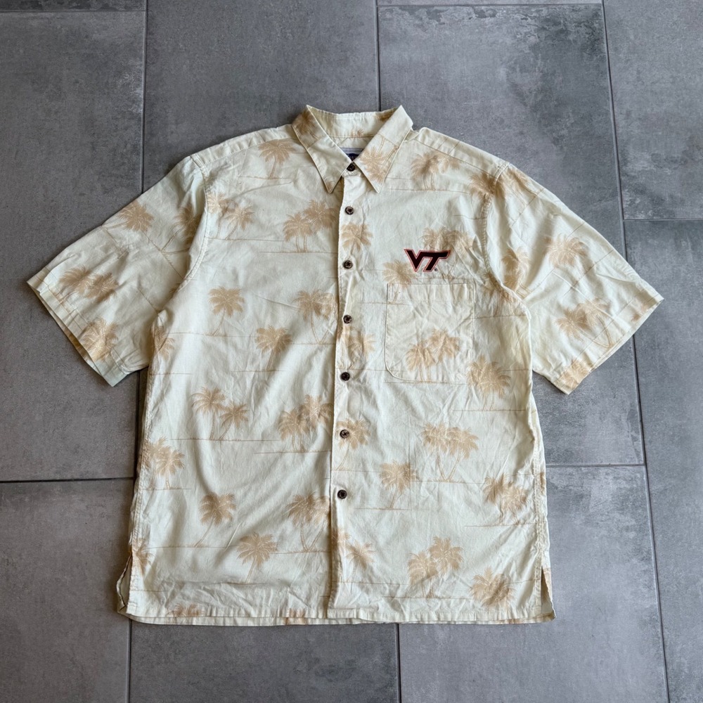Reyn Spooner Virginia Tech Hokies Palm Tree Button Down Shirt Mens XL Cream VT